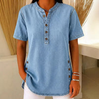V-neck Casual Womens Faux Denim Short-sleeve Top
