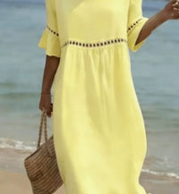 Elegant Casual Crew-Neck Three-Quarter-Sleeve Solid-Color Dress