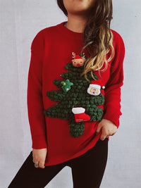 Flocking Loose New Year Red Sweater For Women