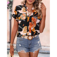 Women's Summer V-neck Flower Fashion Short Sleeve Shirt Top