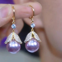 Tulip Petal Pearl Drop Earrings, Light Luxury French Style, Sparkling Zircon Elegant Ear Cuffs