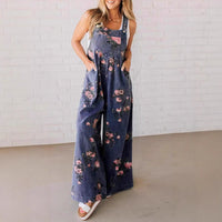 Fashion Denim Floral Print Sleeveless Strap Jumpsuit