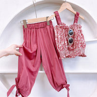 Summer New Korean Version Fashion Floral Suit Suspender Top Trousers Two-piece Set
