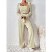European And American-style Knitted Ribbed Wide-leg Pants Set For Women