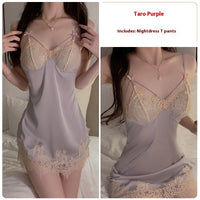 Autumn Winter Sexy Lace Sweet Pajamas Plus Chest Pad Satin Slip Nightdress