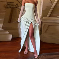 Womens Strapless Sleeveless Pleated Patchwork Bodycon Sheath Long Dress