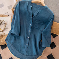 Temperament Leisure Style Artistic Retro Solid Color Summer Thin Cotton And Linen Shirt