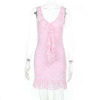 Elegant V-neck Plunging Neckline Ruffled Hemline Open-back Jacquard Lace Slip Dress