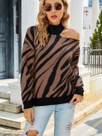 Half-high Collar Long Sleeves Tiger Pattern Sweater Off-the-shoulder Sweater