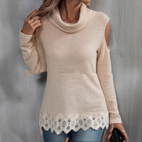 Lace Off-the-shoulder Long Sleeve Pile Collar Solid Color Top