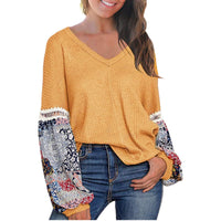 New European And American Autumn And Winter V-neck Waffle Loose Printed Long-sleeved T-shirt