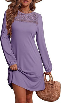 Long-sleeve A-line Solid-color Lace Loose Dress