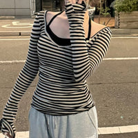 New European And American-style Striped Halter V-neck Slim-fit Long-sleeve Top