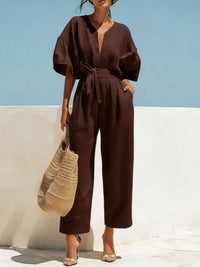 Fashionable V-Neck Solid Color Cotton-Linen Jumpsuit For Women