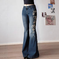Denim-style Casual Pants With Floral Embroidery