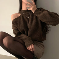 Retro Crew Neck Hollow Out Shoulder-baring Loose Sweater
