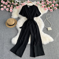 Retro Fashionable Temperament V-neck Short-sleeved Waist Jumpsuit