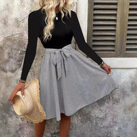 Striped Crew-Neck Long-Sleeve A-Line Skirt Summer New Arrival Lace-Up Elegant Dress