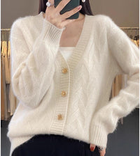 Knitted Wool Cardigan Women's V-neck Solid Color Baggy Coat