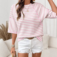 Womens Crew-Neck Pullover T-Shirt Simple, Versatile Striped Half-Sleeve Tee In European And American Style