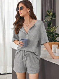 New Womens Short-Sleeve Waffle-Weave Casual Set