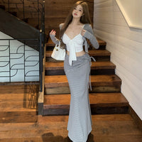 Womens Autumn Wear Striped Short Long-Sleeve Top And Designer Sheath Maxi Skirt Set