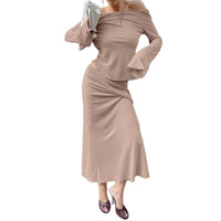 Off-shoulder Long-sleeve Low-rise One-piece Dress Set For Women