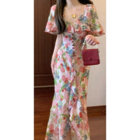Ruffled Cape-collar Floral Dress With A Cinched Waist Exuding An Elegant Aura