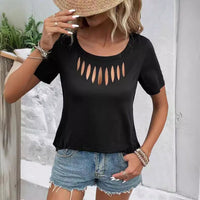 Solid-color Casual Chic Front-cutout Loose-fit Short-sleeve T-shirt