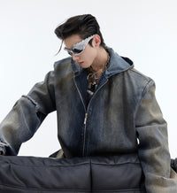 Design Sense Padded Shoulder Heavy Retro Distressed Hooded Denim Jacket