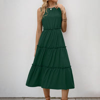 Simple Solid-Color Pleated Ruffle-Trimmed Sleeveless Dress