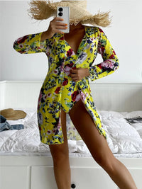 European And American Botanical Print Pleated Three-piece Swimsuit