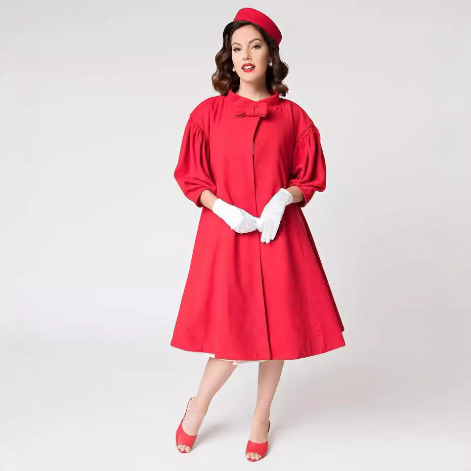 Ladies Bow Solid Color Woolen Long-cut Coat