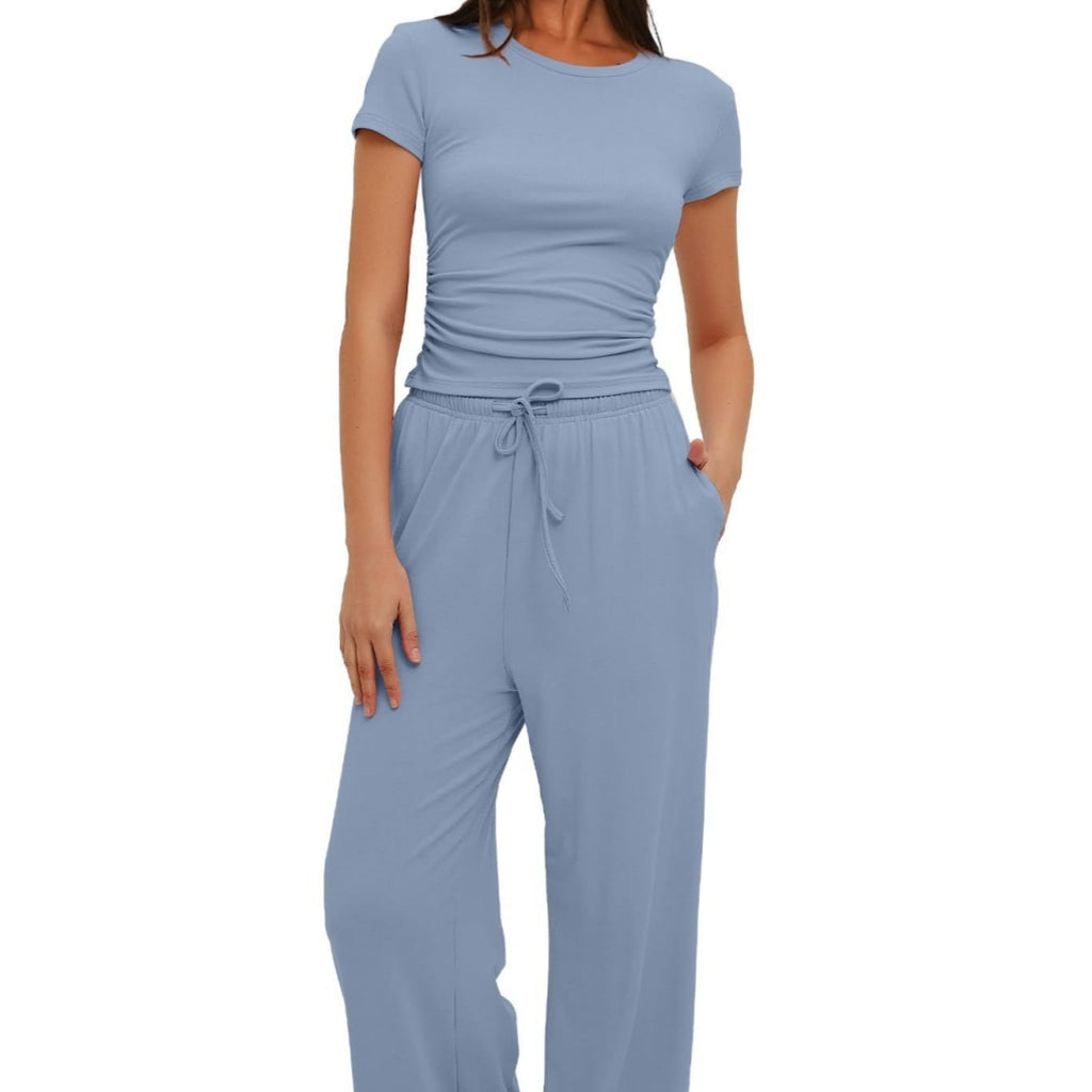 Women's Solid Color Pleated Short Sleeved Top And Wide Leg Pants