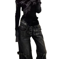 Retro Jeans Lace-up Deconstructed Wide-leg Pants Loose Trousers
