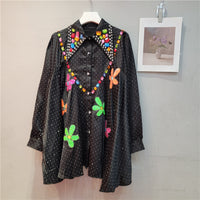 Beaded Lapel Women's Long Sleeve Loose Autumn Winter Shirt