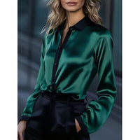 Womens Casual Loose Satin Color-Block Long-Sleeve Shirt