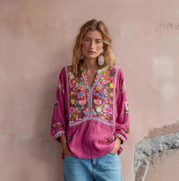 Womens Printed Linen Long-Sleeve Shirt Top