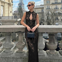 Sexy Figure-hugging Lace Sleeveless Dress With A Slit And Cutout Details