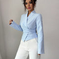 Striped Long-Sleeve Elegant Strap Women's Blouse