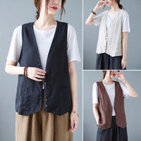 Artistic Relaxed-fit Solid-color Cotton-linen Sleeveless Vest