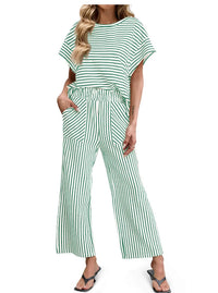 Womens Striped Short-Sleeve T-Shirt And Wide-Leg Pants Set With Pockets