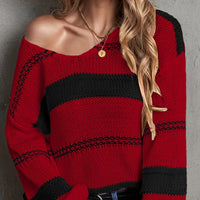 V-collar Contrast Color Striped Knitted Pullover Sweater