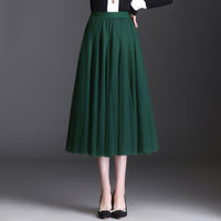 Womens Mid-Waist Pleated Flowy Mesh Lace Skirt