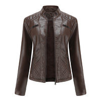 Women's Casual Leather Clothing Stand Collar Jacket