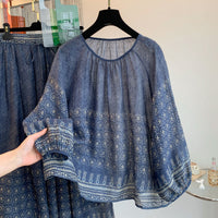 Round-neck Chinese-style Printed Loose-fitting Lightweight Linen Pullover Shirt