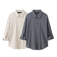 Classic Adjustable-Length Sleeve Striped Shirt For Women