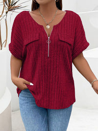 Solid-color Plus-size Top With Zipper Short Sleeves And Faux Pockets