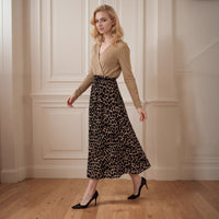 V-neck Spliced Drapey Fabric Leopard Print Long-Sleeve Dress