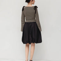 Bow Pleated Design Flare Plaid Slim-fit Long Sleeve Shirt For Women